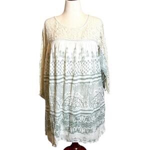 Free People Sun Daze Mini dress pale green & Ivory/cream loose shift & lace Sz L
